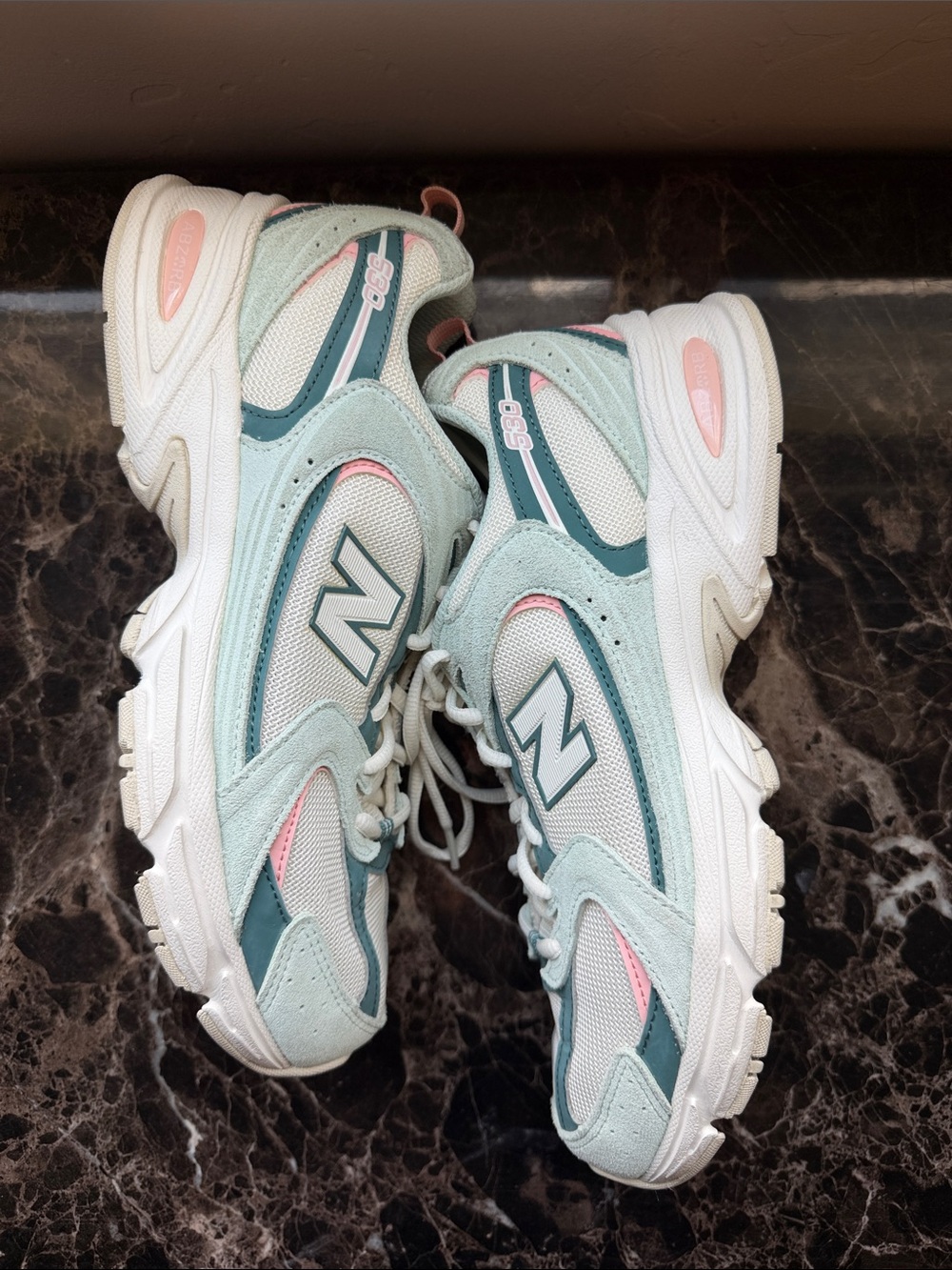 530 New Balance White & Teal Mint Accent Sneakers
